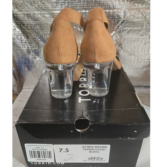 NWT Torrid Translucent Block Heel Faux Suede Camel Sandal Shoe Plus Size: 7.5W - Picture 6 of 8